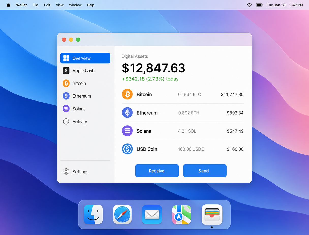 Wallet for Digital Assets — portfolio overview on macOS Sequoia