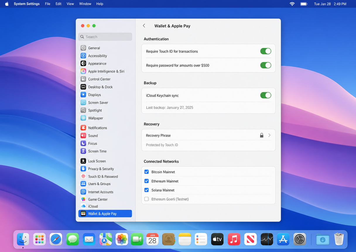 Wallet security settings in System Settings